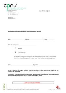 CPNV – Eleve majeur autorisation transmission informations aux parents
